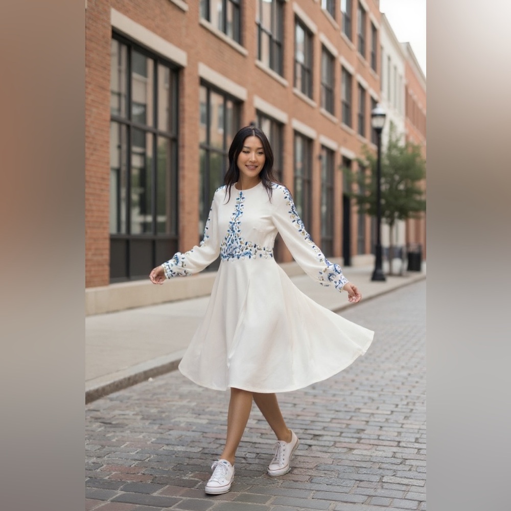 Vintage White Dress with Blue and Yellow Embroidery